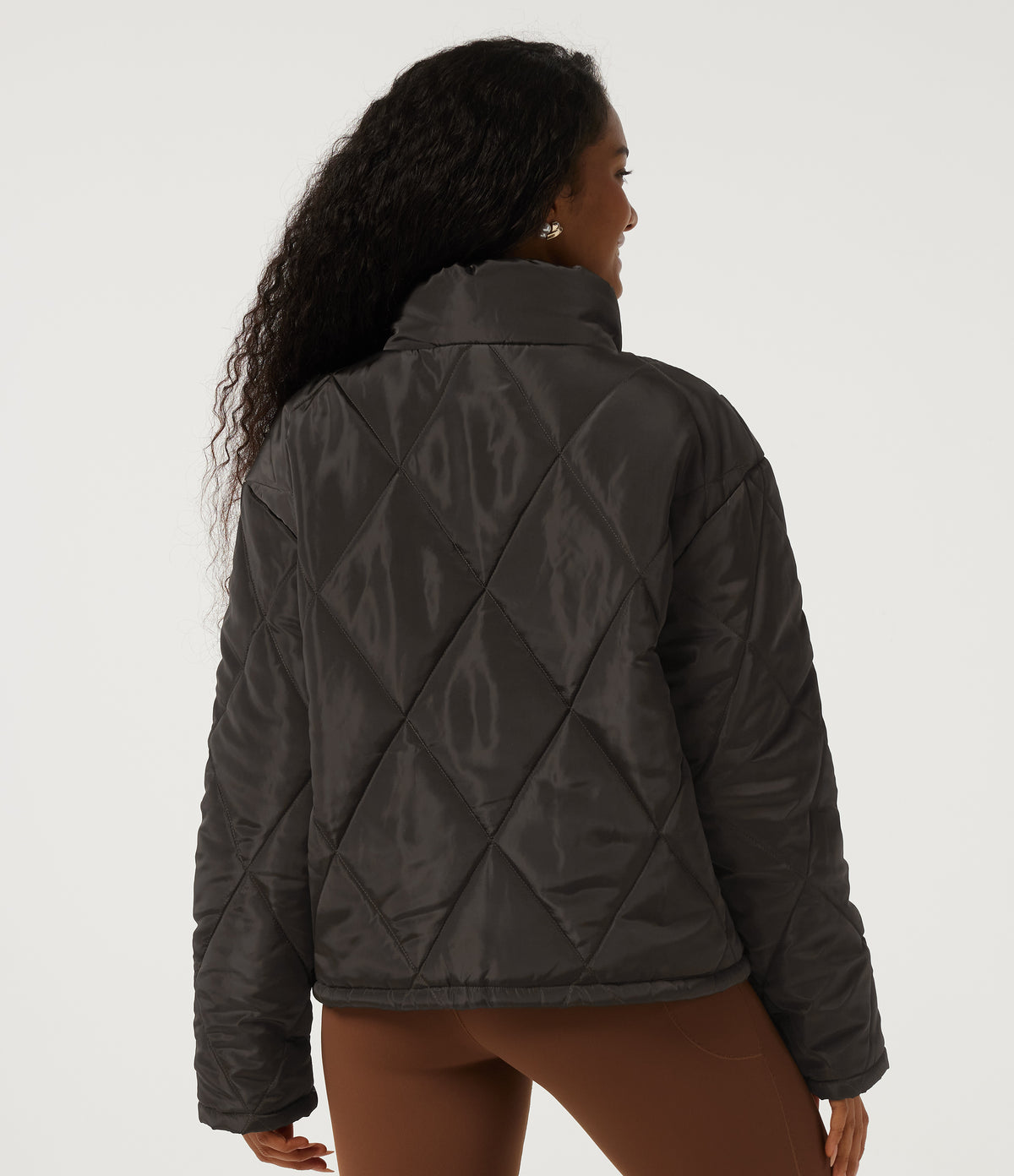 Stand Collar Long Sleeve Plaid Casual Padded Jacket with Pockets — Coffee Bean — view 2