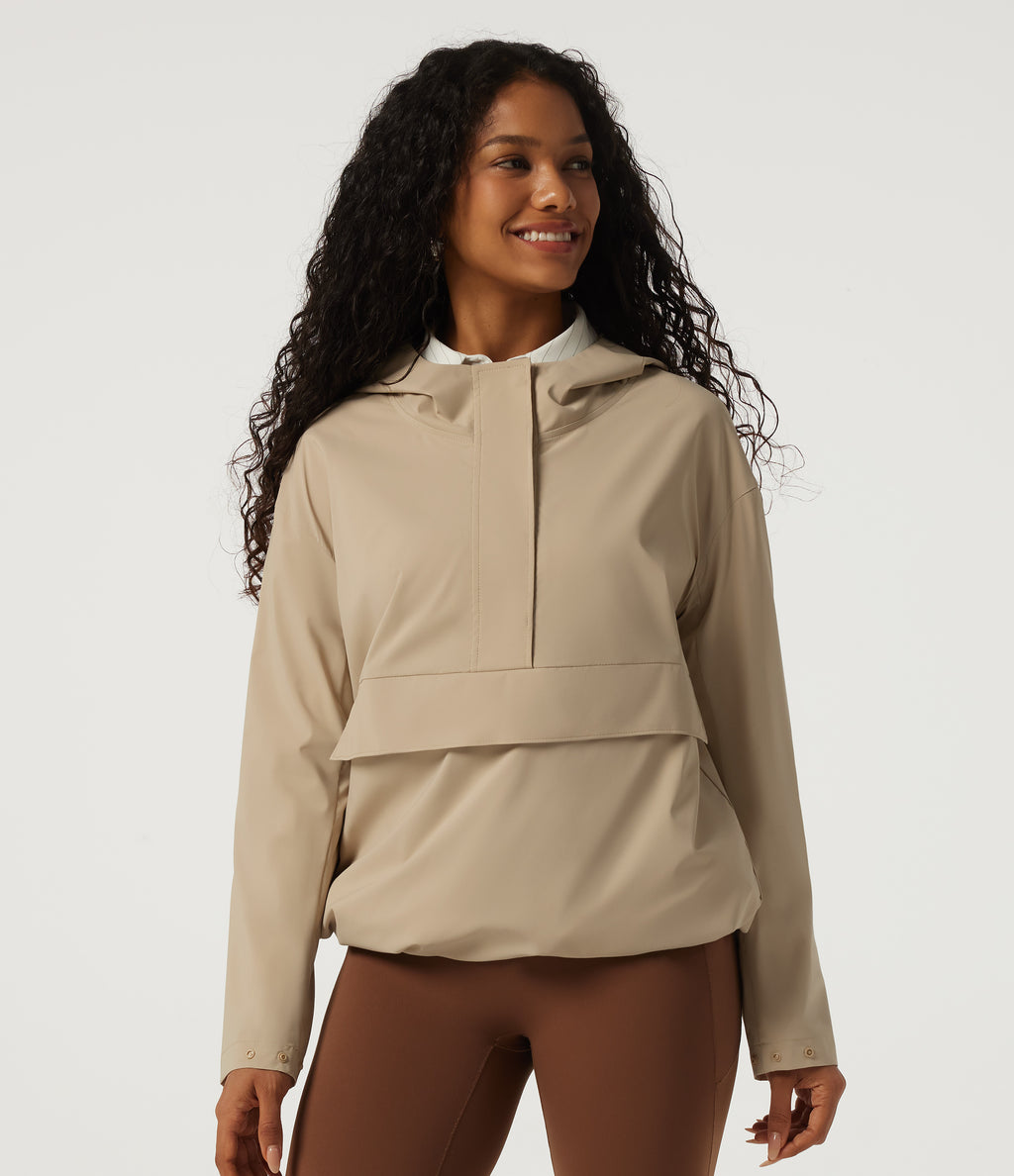 Hooded Long Sleeve Work Jacket with Pocket — Oat Khaki — view 1