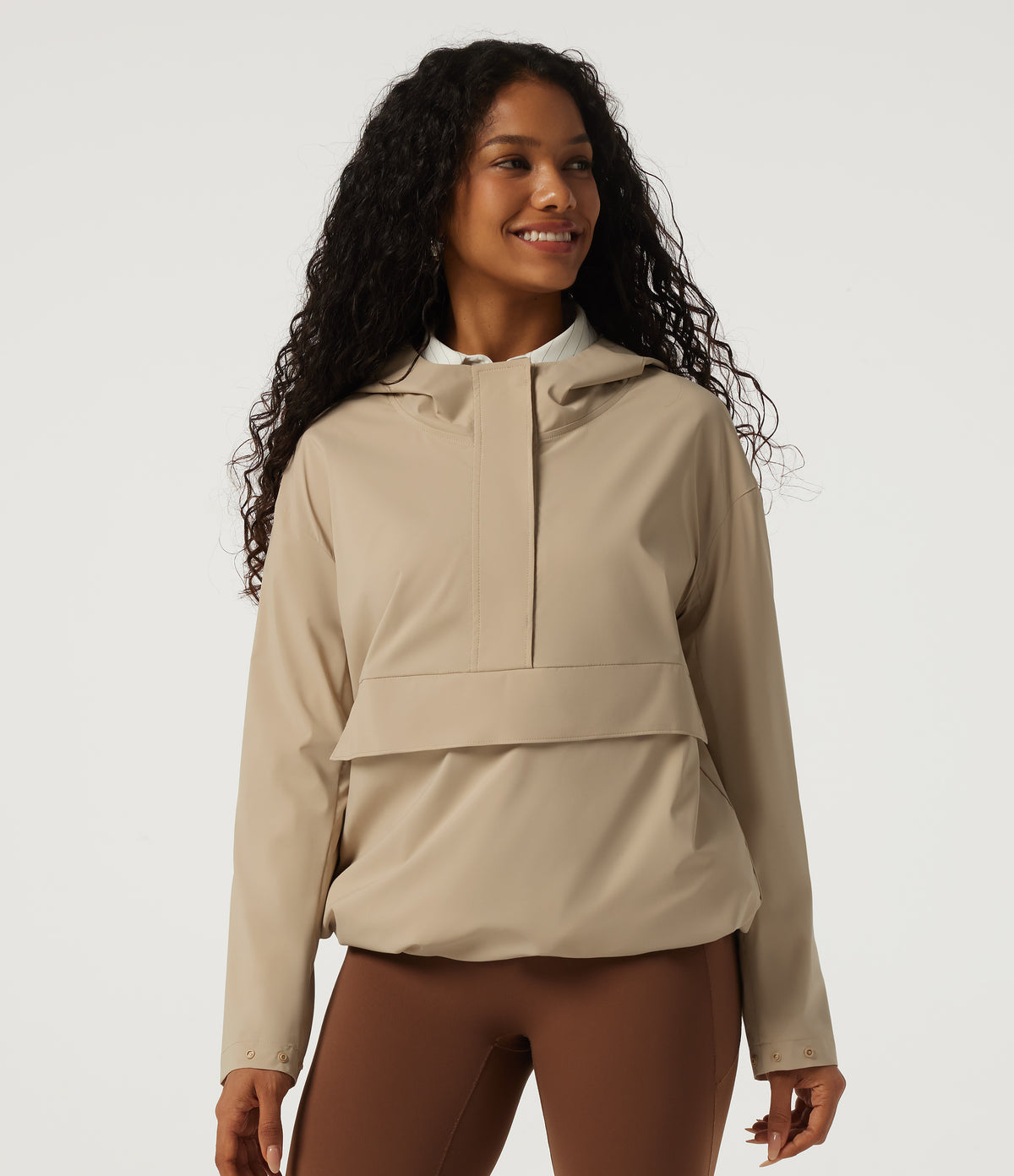 Hooded Long Sleeve Work Jacket with Pocket — Oat Khaki — view 1