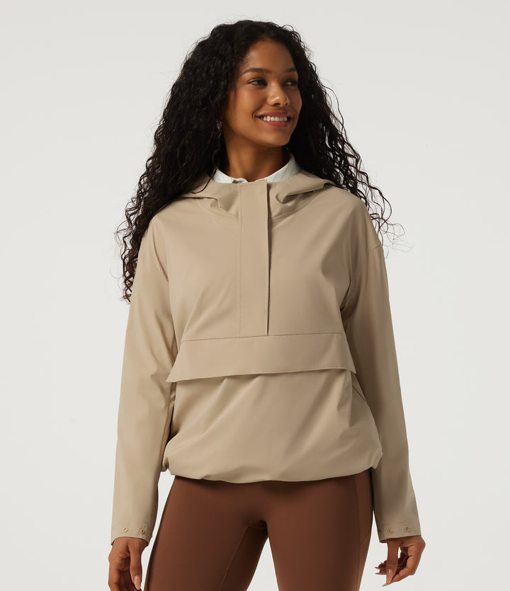 Hooded Long Sleeve Work Jacket with Pocket — Oat Khaki — view 1