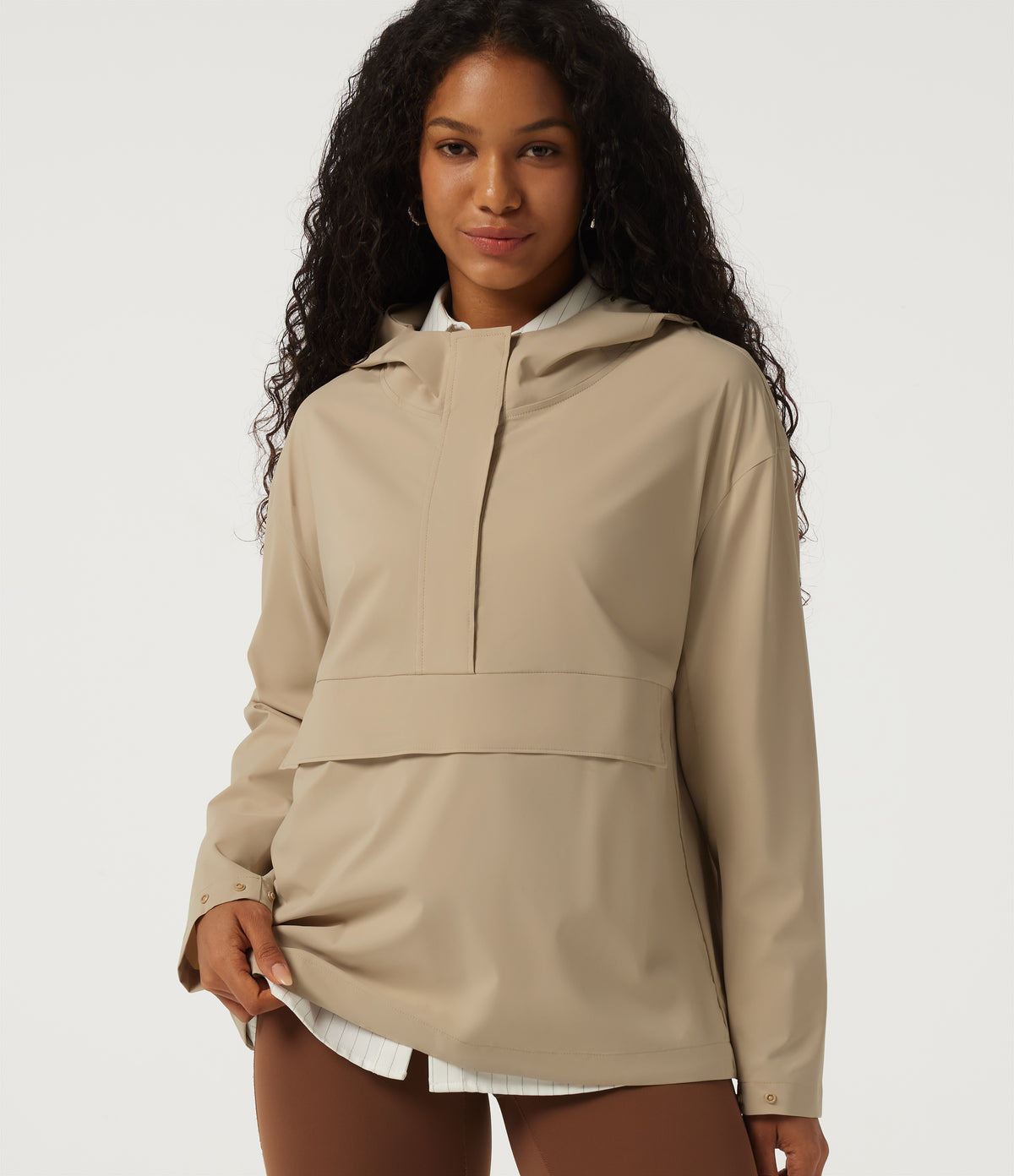 Hooded Long Sleeve Work Jacket with Pocket — Oat Khaki — view 4