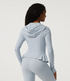Hooded Long Sleeve Yoga Curvy Jacket with Pockets — Misty Inlaid Rock Blue — view 2
