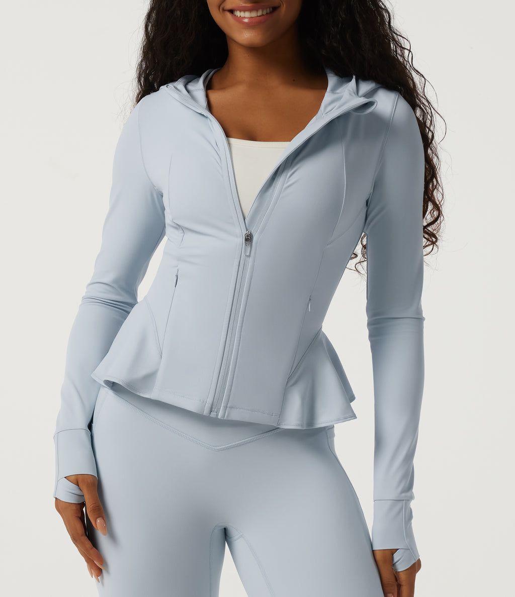 Hooded Long Sleeve Yoga Curvy Jacket with Pockets — Misty Inlaid Rock Blue — view 6