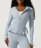 Hooded Long Sleeve Yoga Curvy Jacket with Pockets — Misty Inlaid Rock Blue — view 6