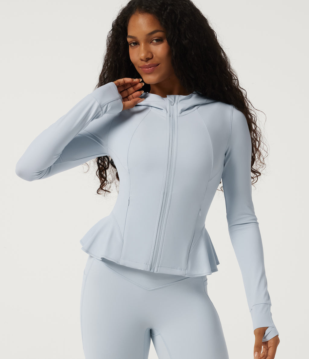Hooded Long Sleeve Yoga Curvy Jacket with Pockets — Misty Inlaid Rock Blue — view 4