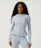 Hooded Long Sleeve Yoga Curvy Jacket with Pockets — Misty Inlaid Rock Blue — view 1