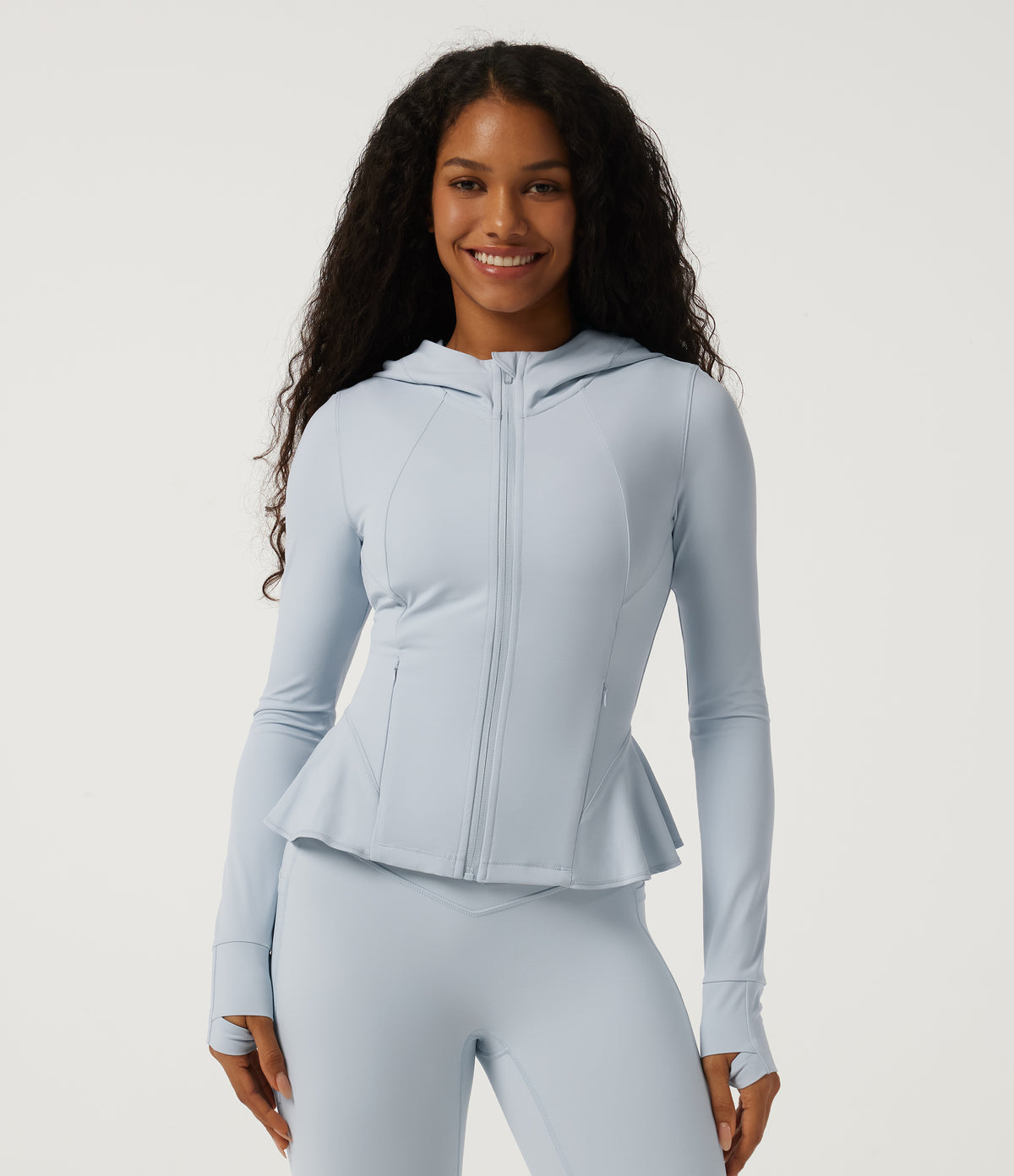 Hooded Long Sleeve Yoga Curvy Jacket with Pockets — Misty Inlaid Rock Blue — view 1