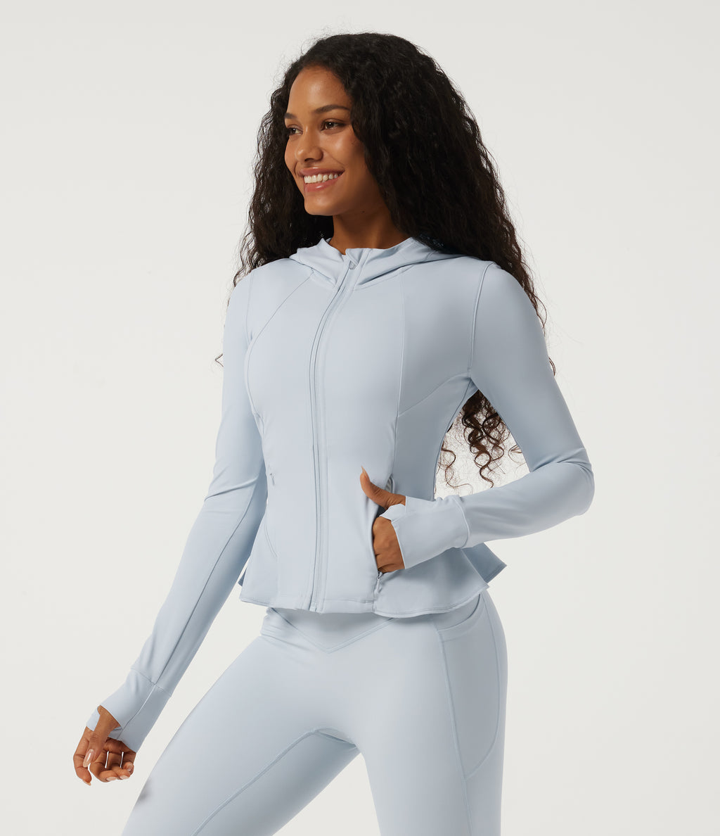 Hooded Long Sleeve Yoga Curvy Jacket with Pockets — Misty Inlaid Rock Blue — view 3