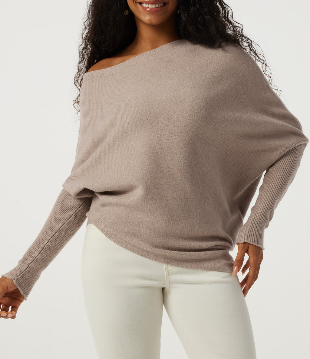 One Shoulder Batwing Long Sleeve Casual Jumper — Doeskin — view 5