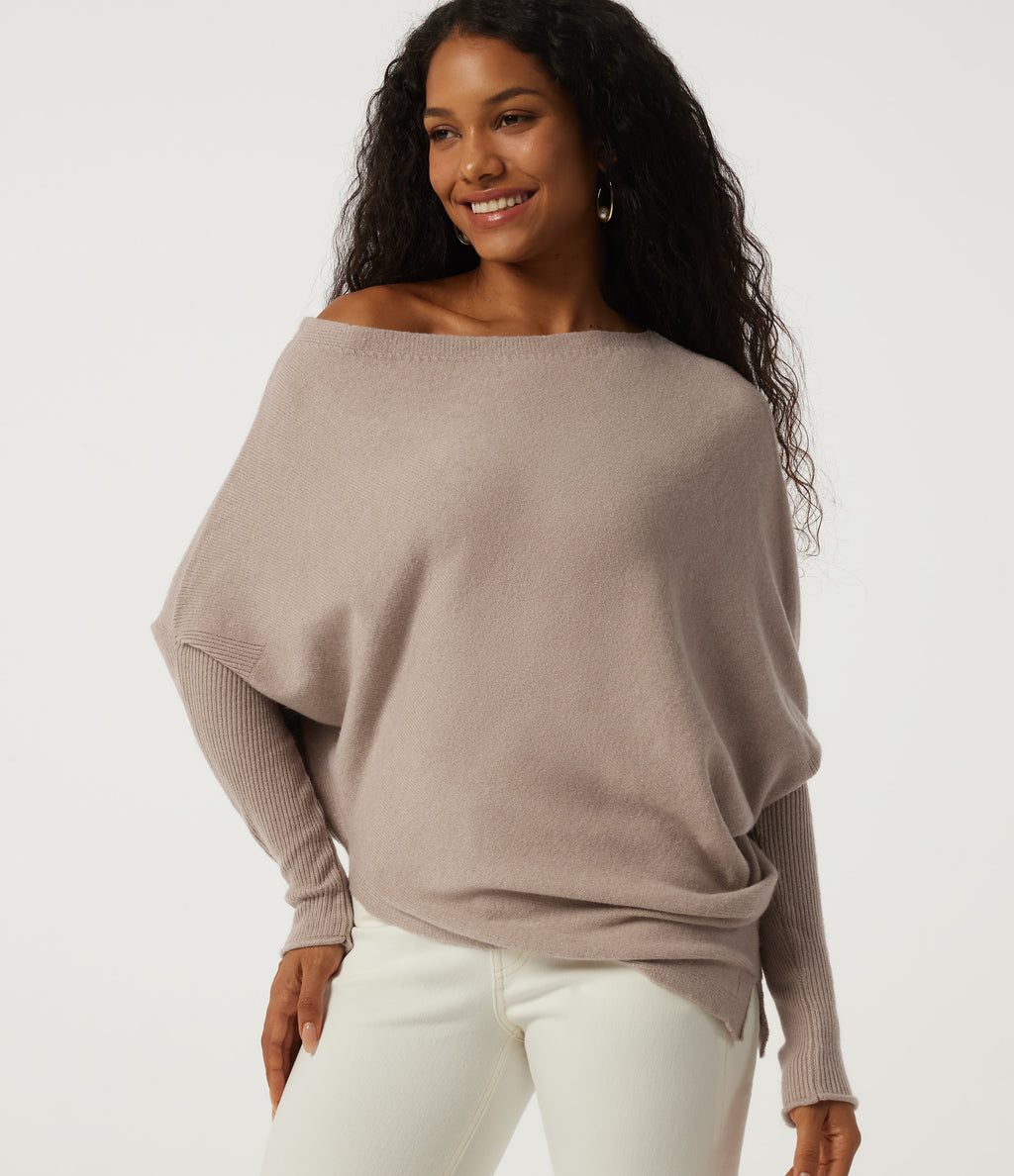 One Shoulder Batwing Long Sleeve Casual Jumper — Doeskin — view 4
