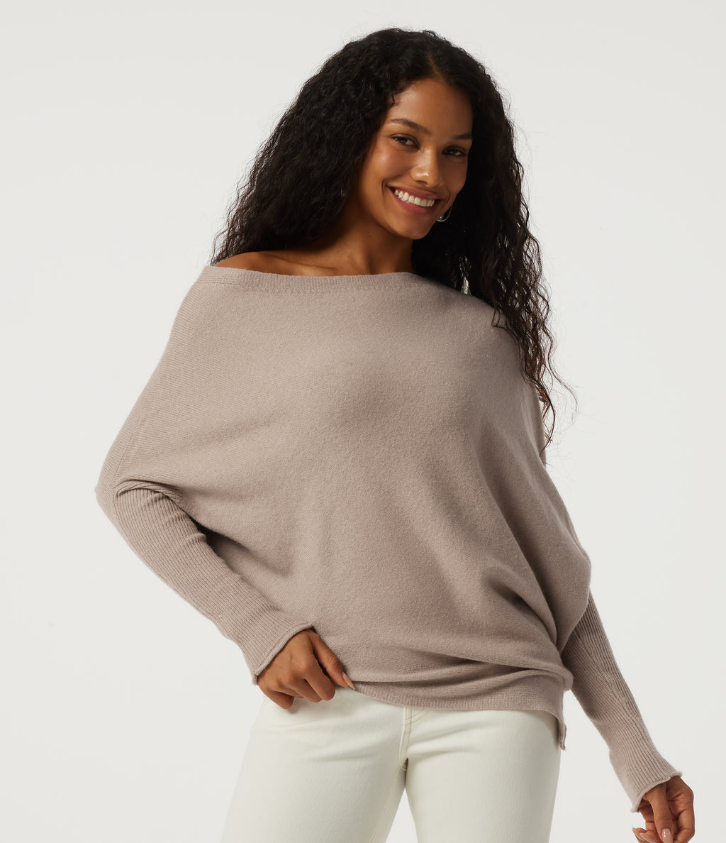 One Shoulder Batwing Long Sleeve Casual Jumper — Doeskin — view 1