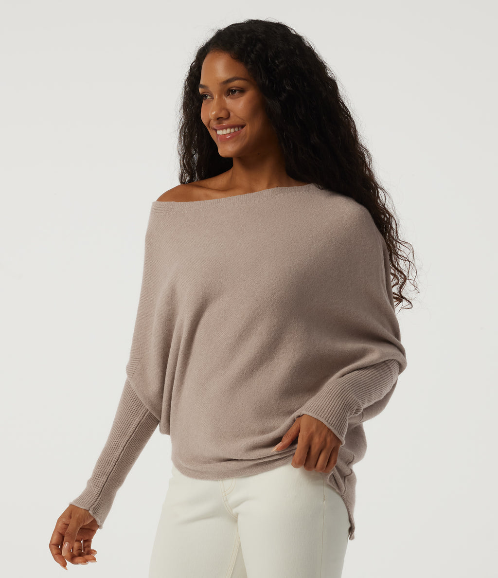 One Shoulder Batwing Long Sleeve Casual Jumper — Doeskin — view 3