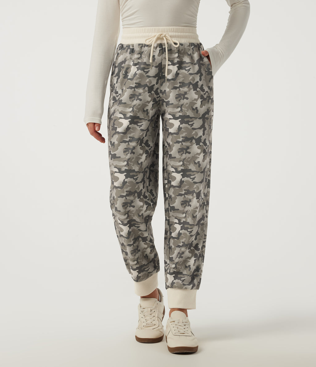 Mid Rise Camo Drawstring Corduroy Casual Joggers with Pockets — Foggy Night Camo — view 1