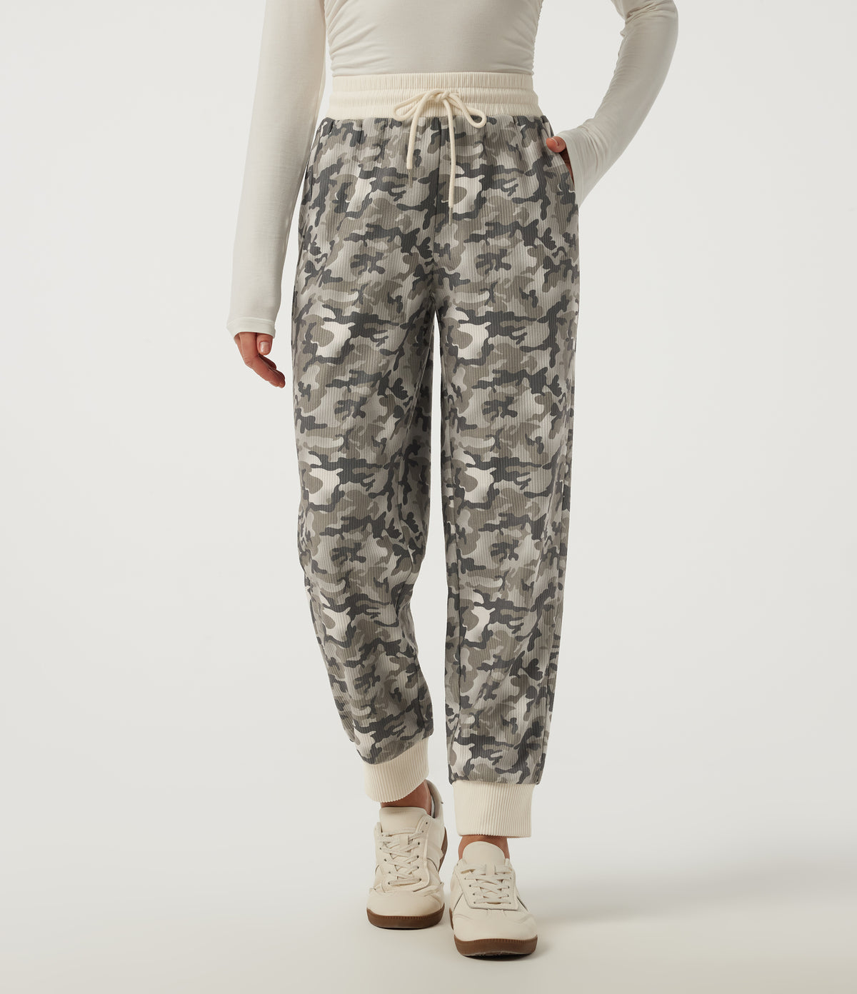 Mid Rise Camo Drawstring Corduroy Casual Joggers with Pockets — Foggy Night Camo — view 1