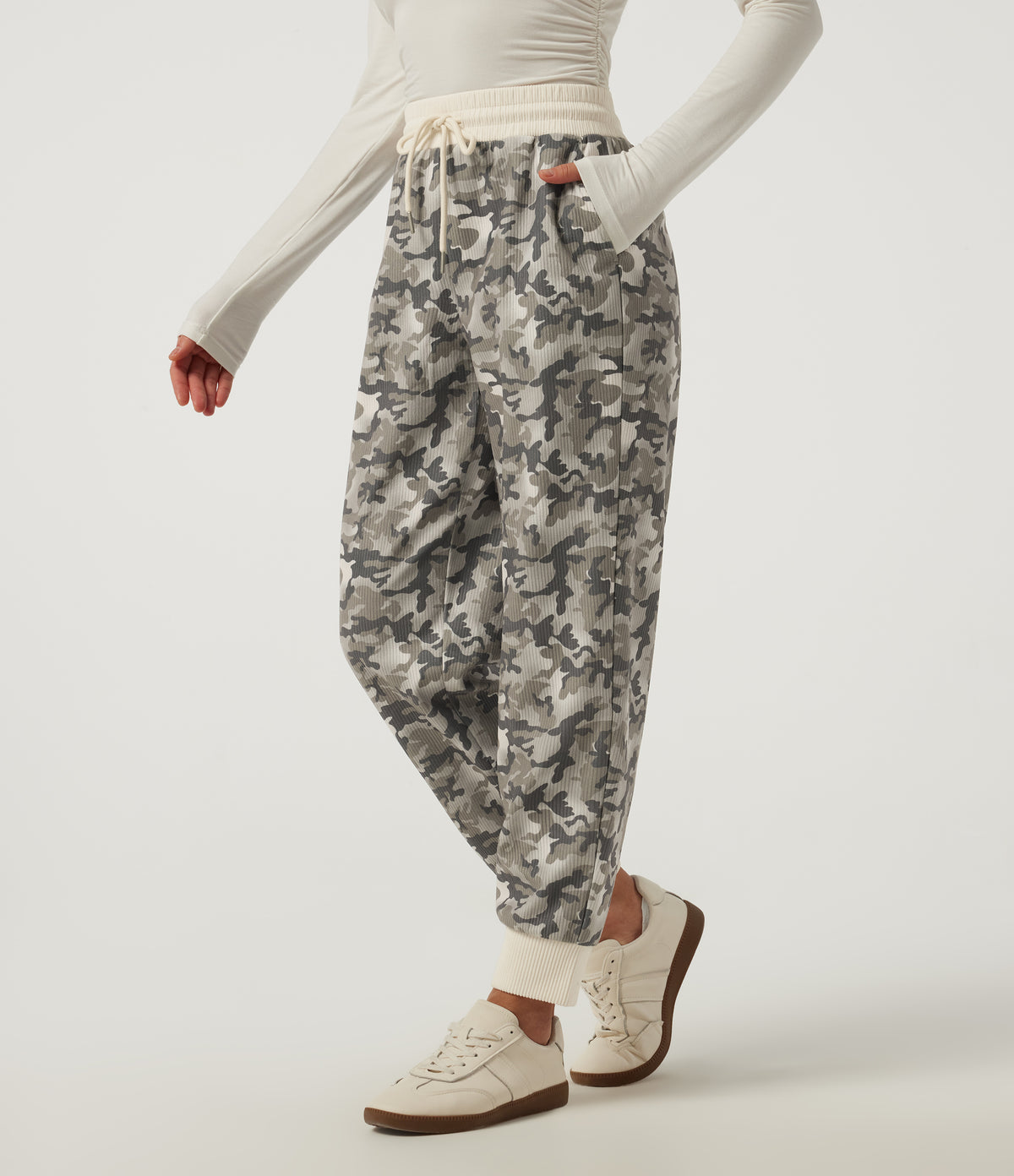 Mid Rise Camo Drawstring Corduroy Casual Joggers with Pockets — Foggy Night Camo — view 3