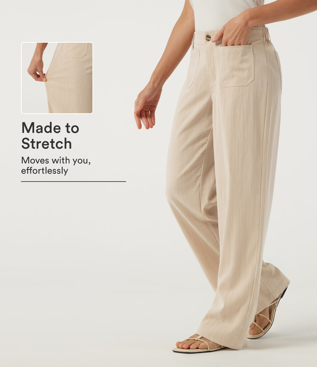 Low Rise Straight Leg Casual Linen-Feel Trousers with Pockets — Dune Mirage — view 1