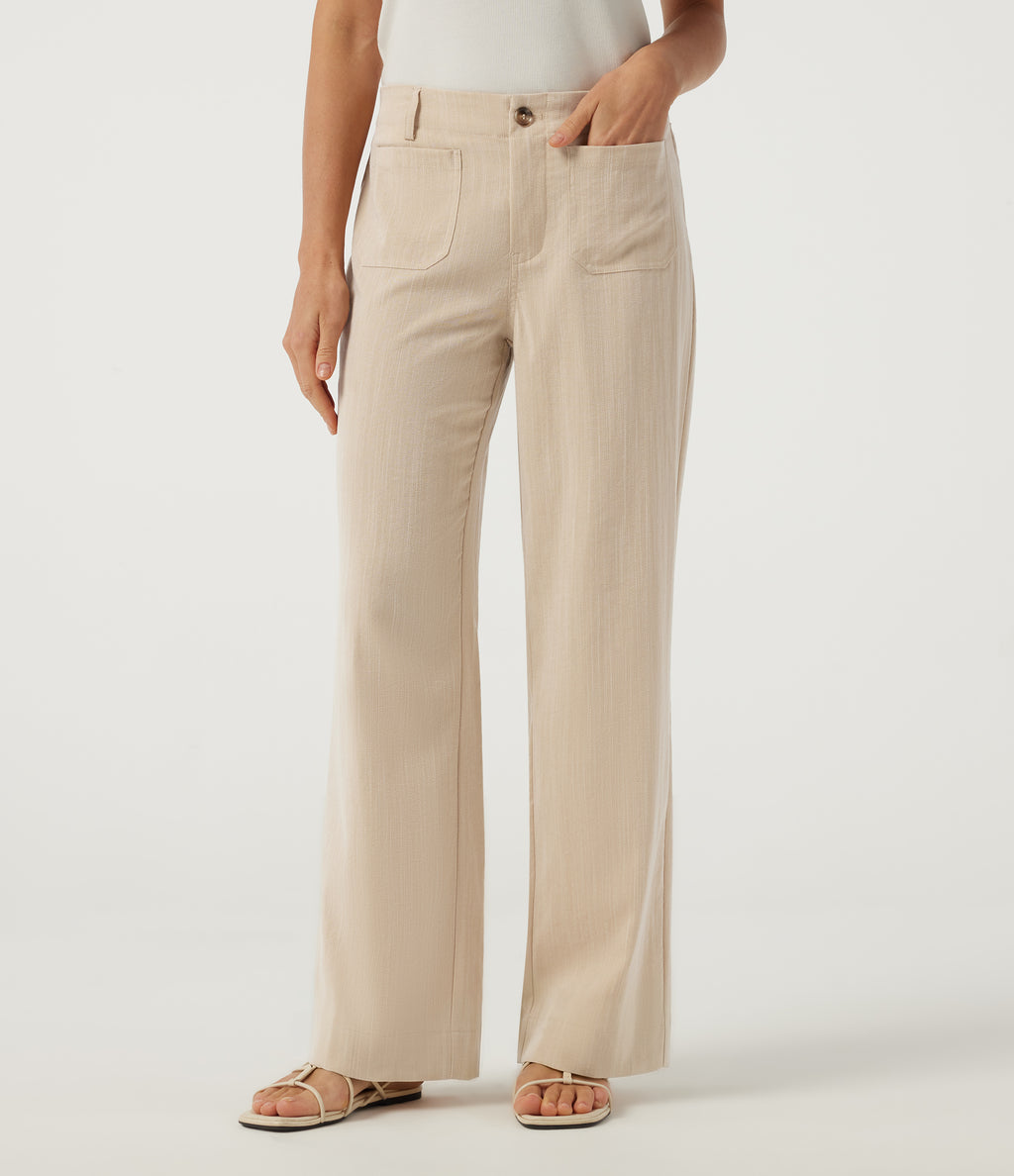 Low Rise Straight Leg Casual Linen-Feel Trousers with Pockets — Dune Mirage — view 3