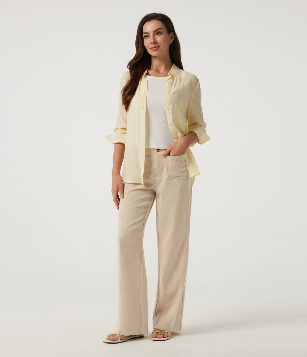 Low Rise Straight Leg Casual Linen-Feel Trousers with Pockets — Dune Mirage — view 7