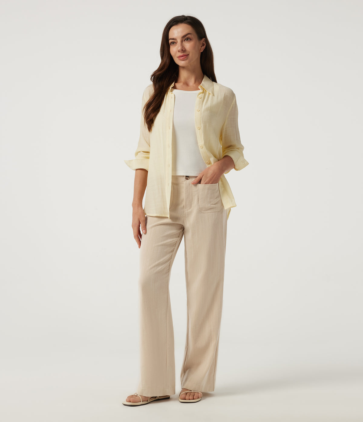 Low Rise Straight Leg Casual Linen-Feel Trousers with Pockets — Dune Mirage — view 7