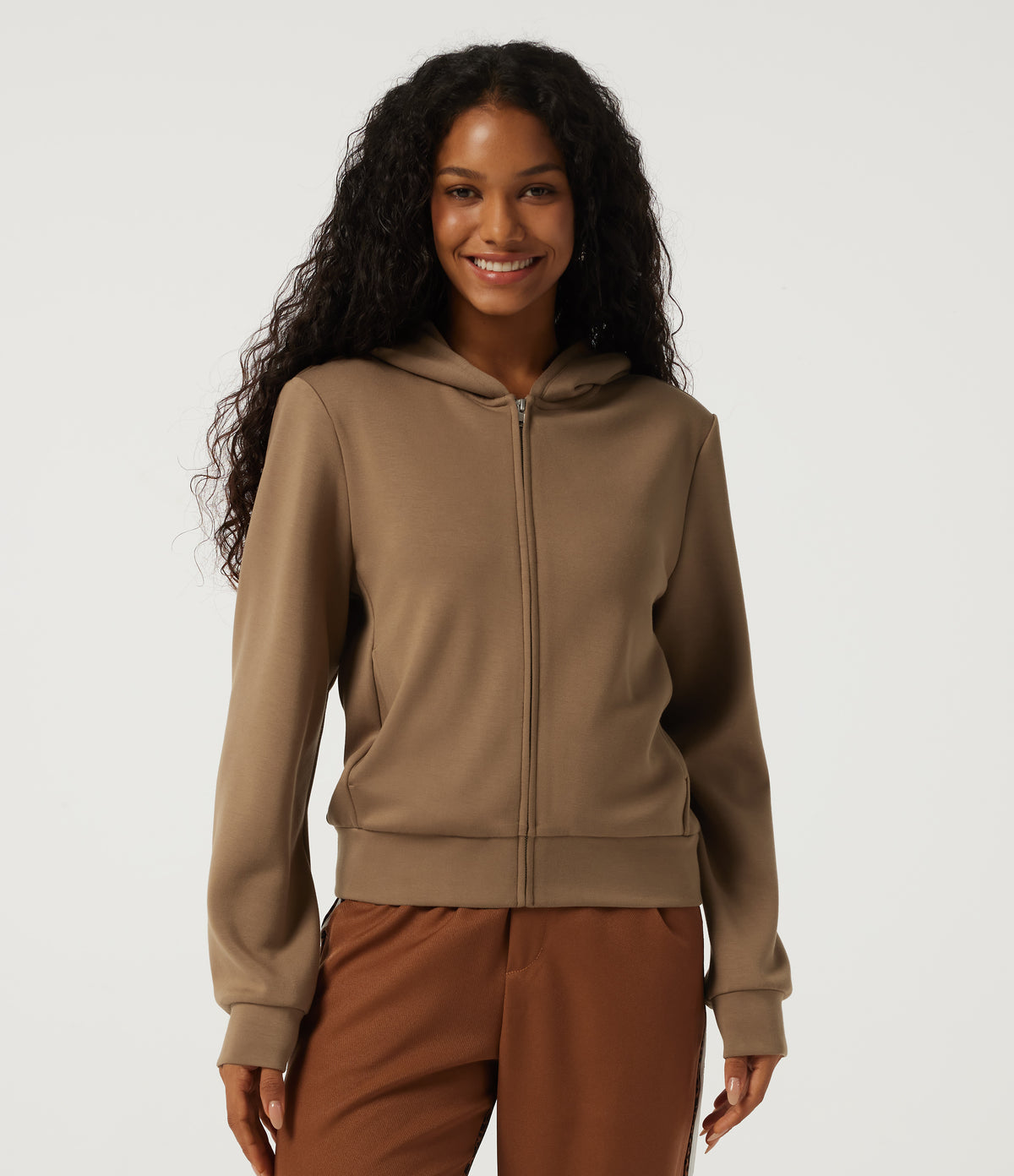 Hooded Long Sleeve Work Jacket with Pockets — ochre brown — view 1