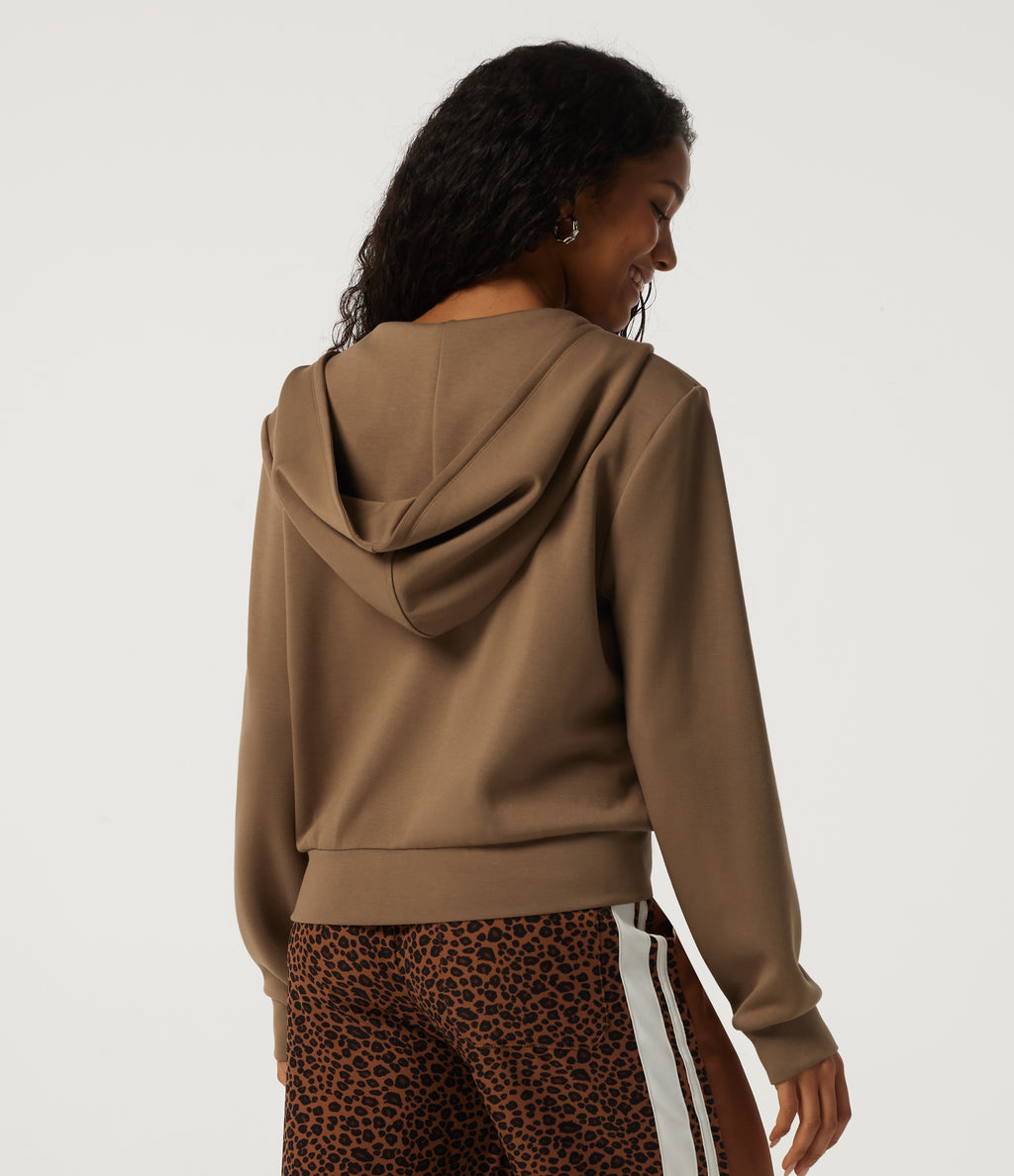 Hooded Long Sleeve Work Jacket with Pockets — ochre brown — view 2