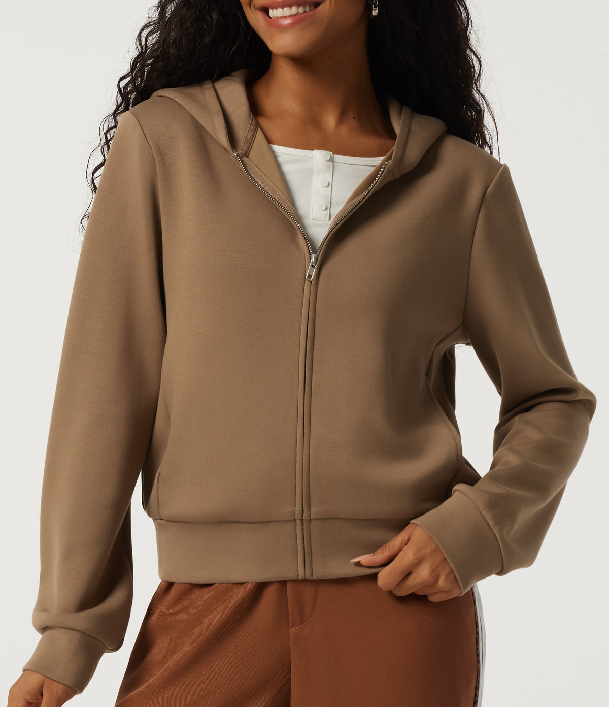 Hooded Long Sleeve Work Jacket with Pockets — ochre brown — view 6