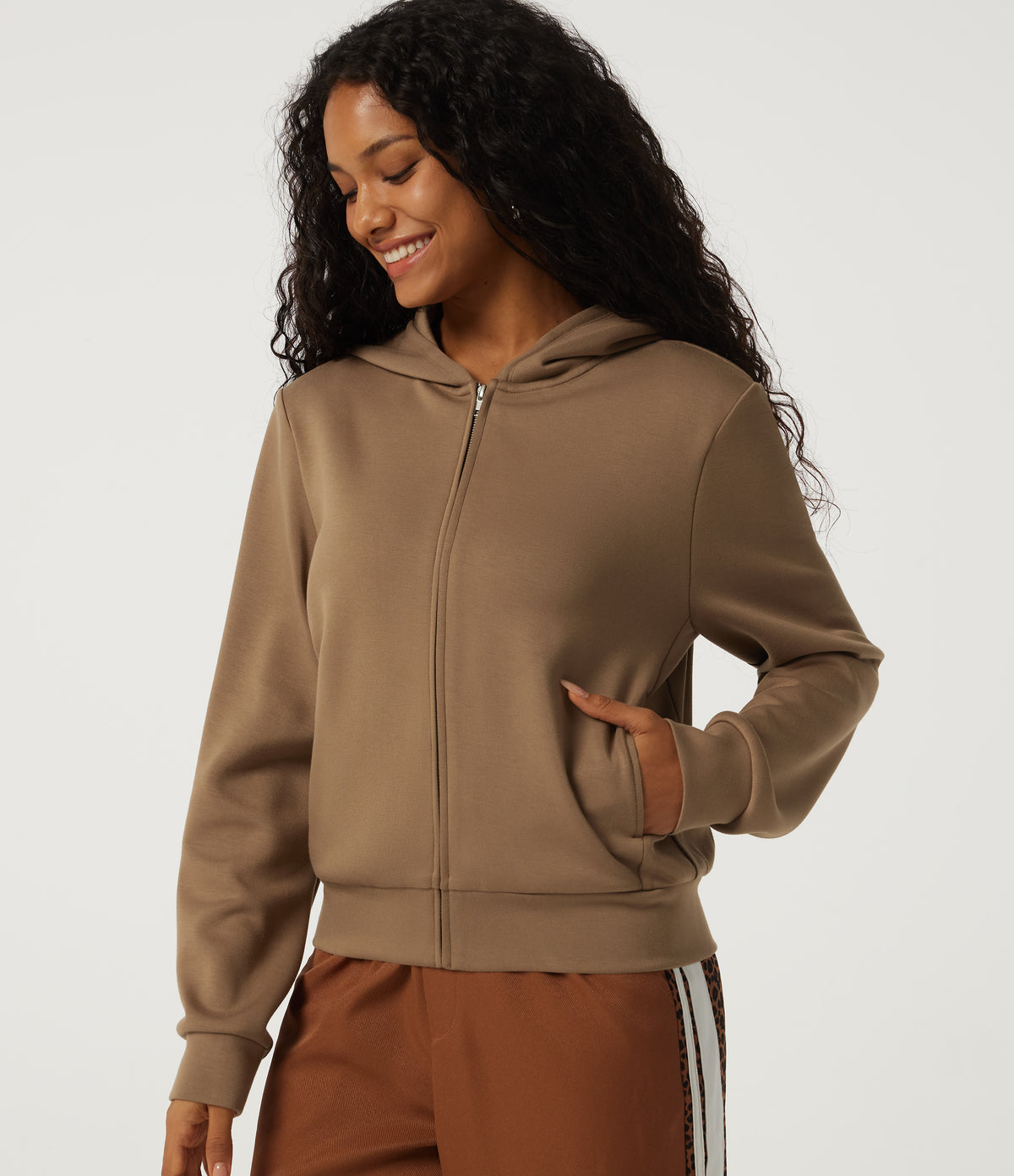 Hooded Long Sleeve Work Jacket with Pockets — ochre brown — view 4