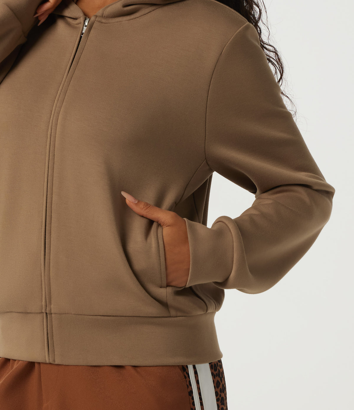 Hooded Long Sleeve Work Jacket with Pockets — ochre brown — view 7