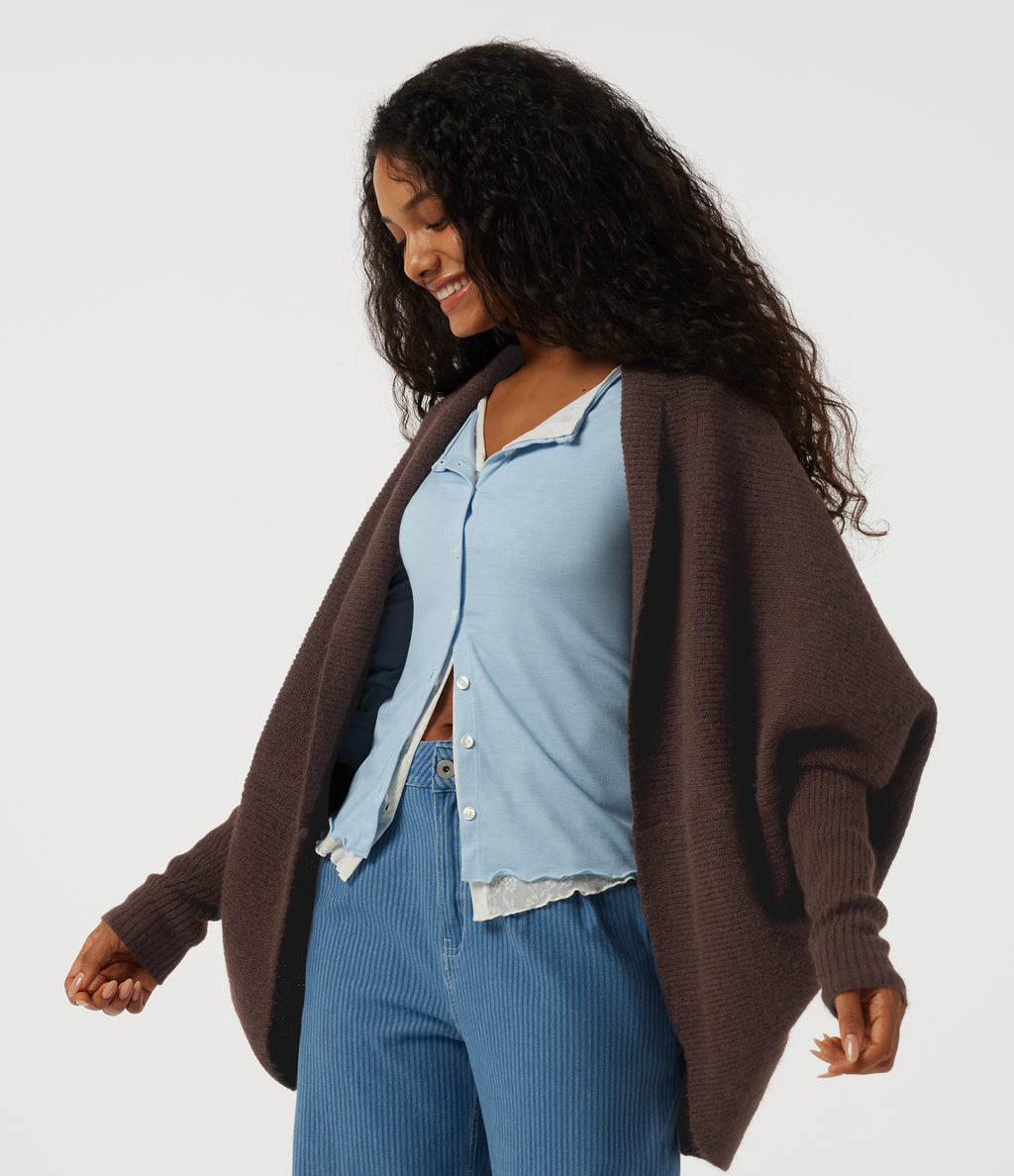 Lapel Batwing Long Sleeve Open Front Casual Cardigan — Shaved Chocolate — view 3