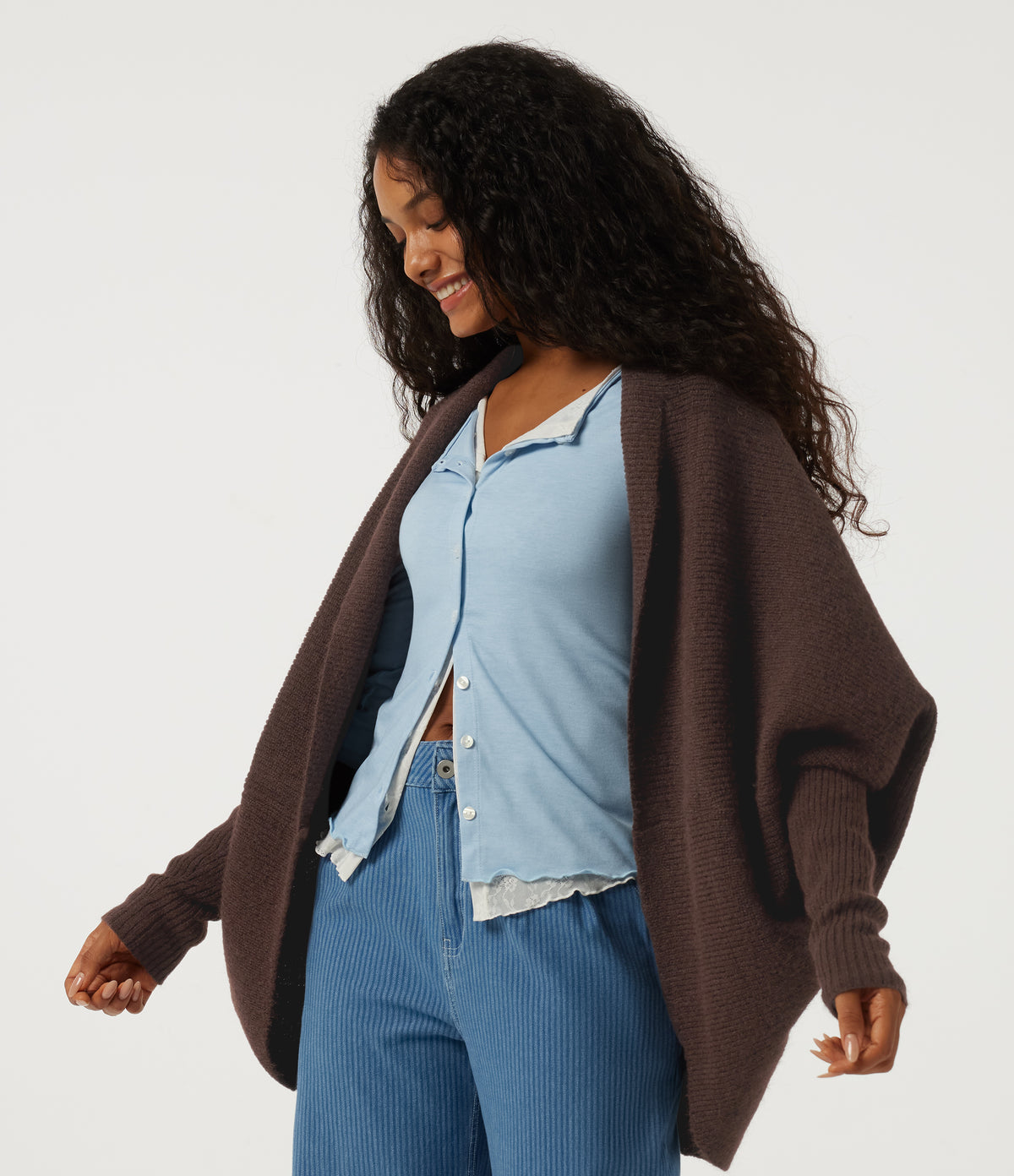 Lapel Batwing Long Sleeve Open Front Casual Cardigan — Shaved Chocolate — view 3