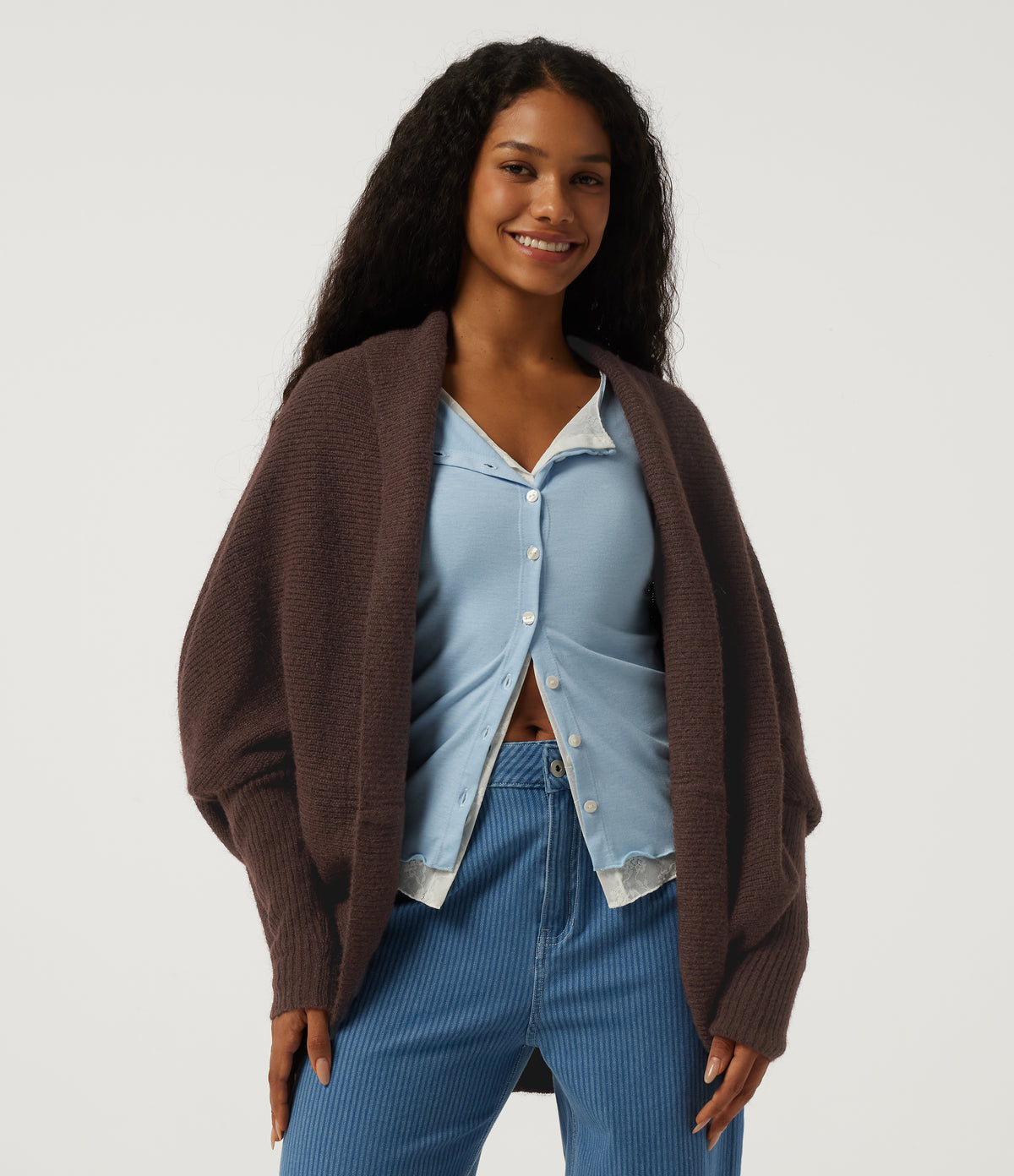 Lapel Batwing Long Sleeve Open Front Casual Cardigan — Shaved Chocolate — view 1