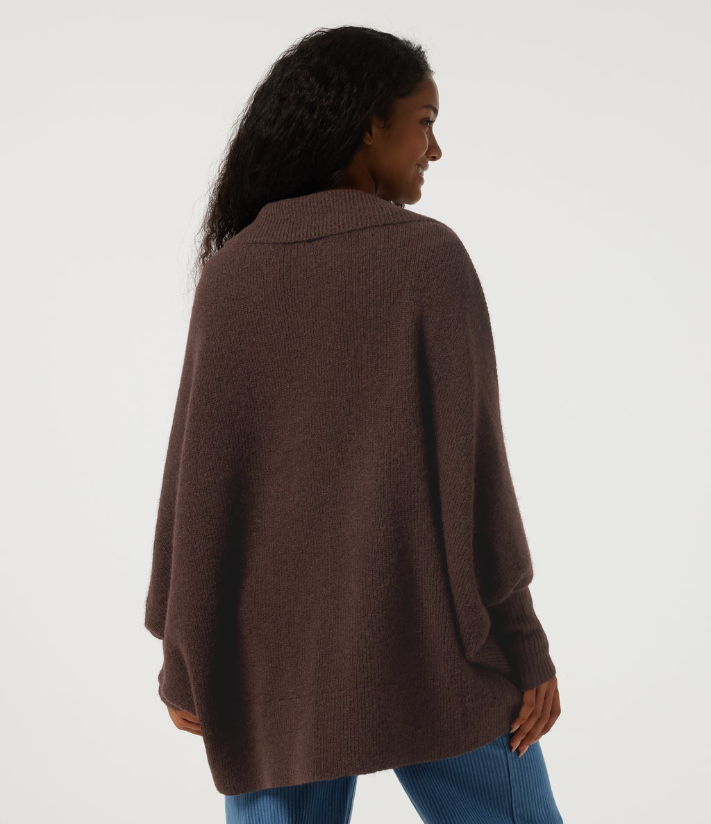 Lapel Batwing Long Sleeve Open Front Casual Cardigan — Shaved Chocolate — view 2