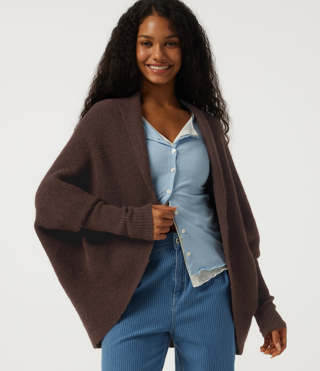 Lapel Batwing Long Sleeve Open Front Casual Cardigan — Shaved Chocolate — view 4