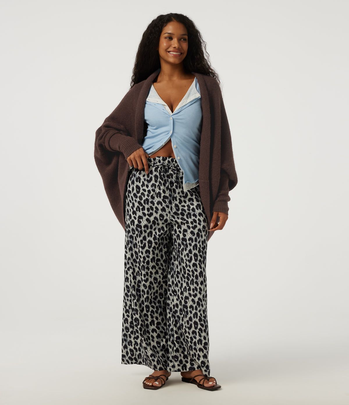Lapel Batwing Long Sleeve Open Front Casual Cardigan — Shaved Chocolate — view 7