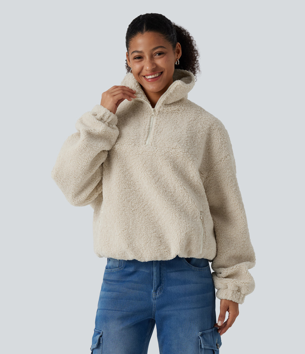 Stand Collar Long Sleeve Casual Sports Sweatshirt with Pockets — Silver Birch — view 4
