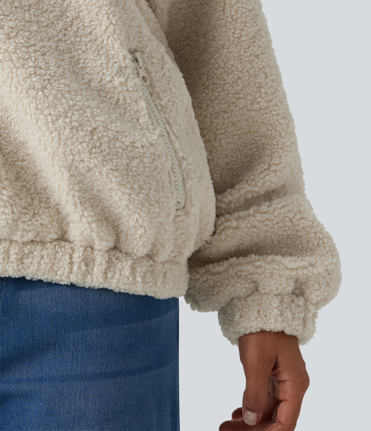Stand Collar Long Sleeve Casual Sports Sweatshirt with Pockets — Silver Birch — view 7