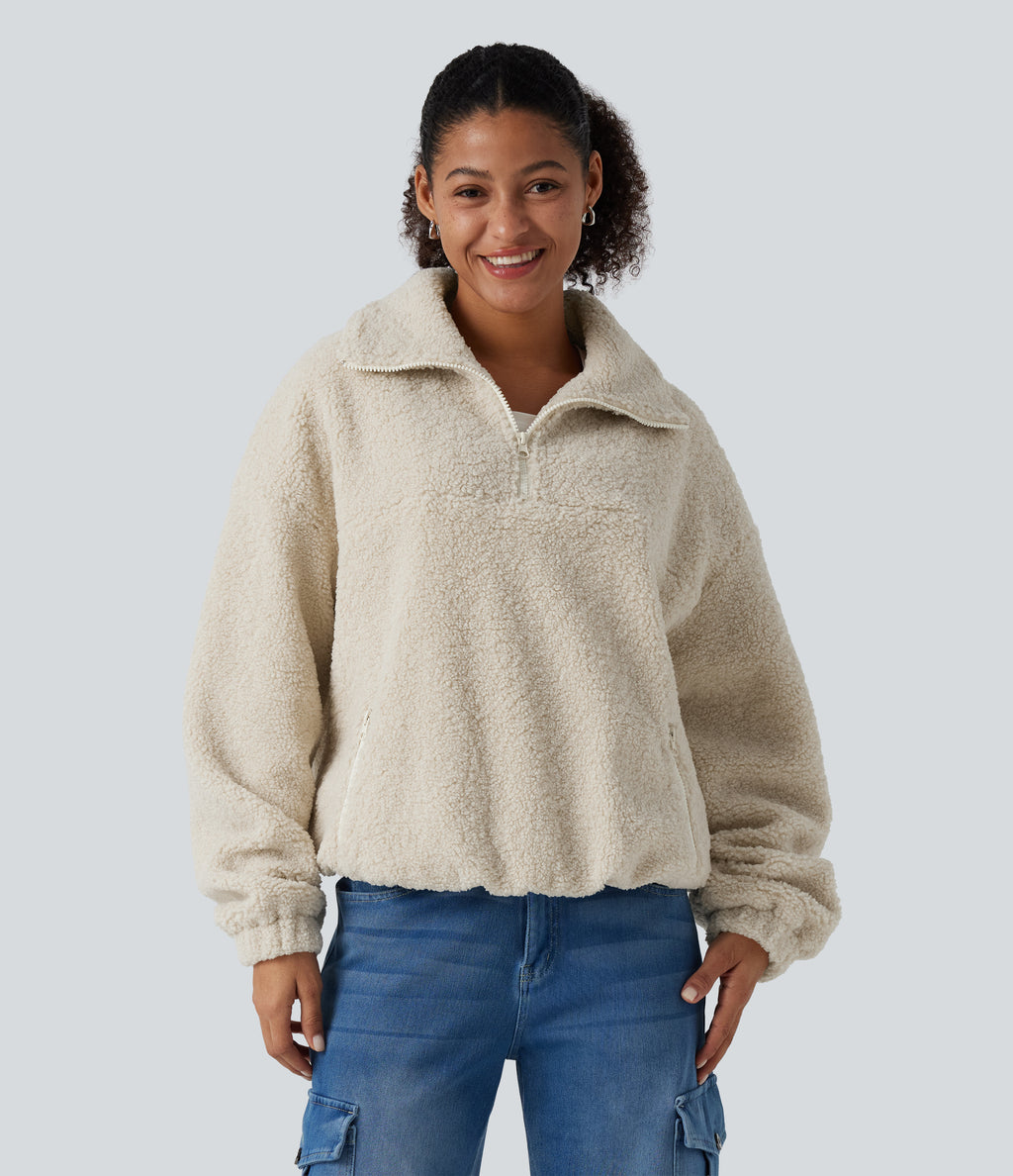 Stand Collar Long Sleeve Casual Sports Sweatshirt with Pockets — Silver Birch — view 1