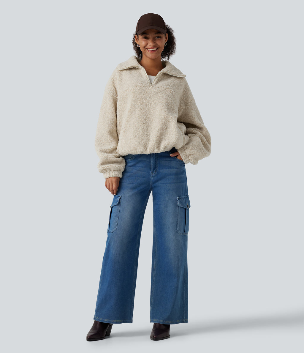 Stand Collar Long Sleeve Casual Sports Sweatshirt with Pockets — Silver Birch — view 8