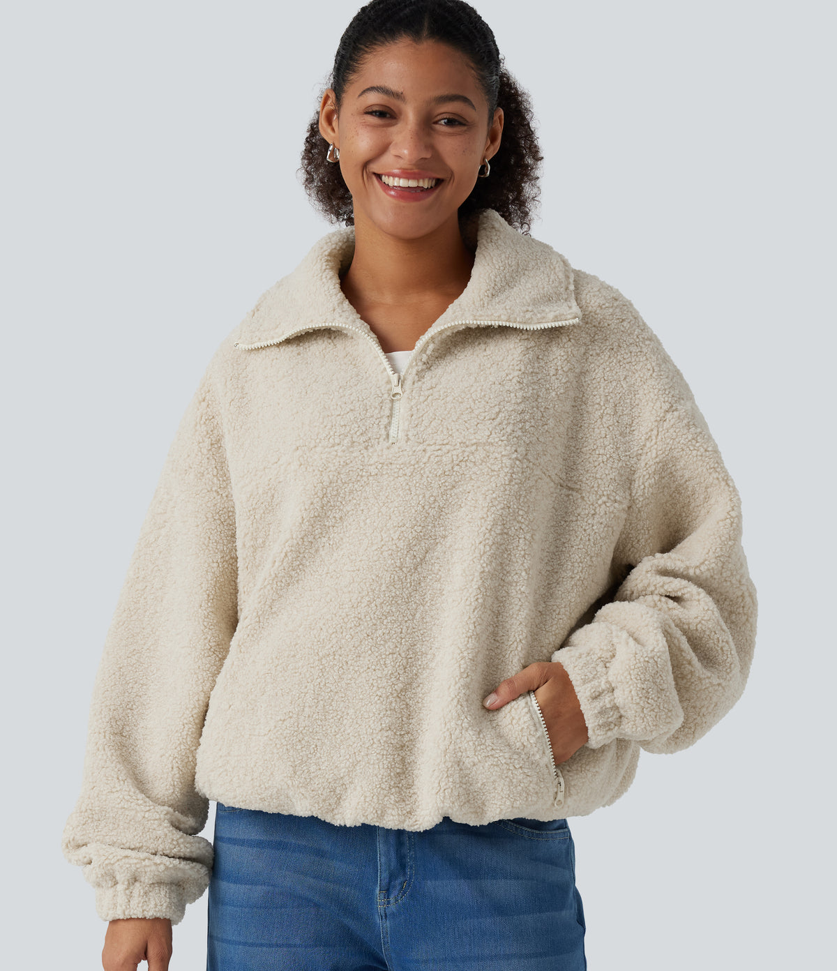 Stand Collar Long Sleeve Casual Sports Sweatshirt with Pockets — Silver Birch — view 5