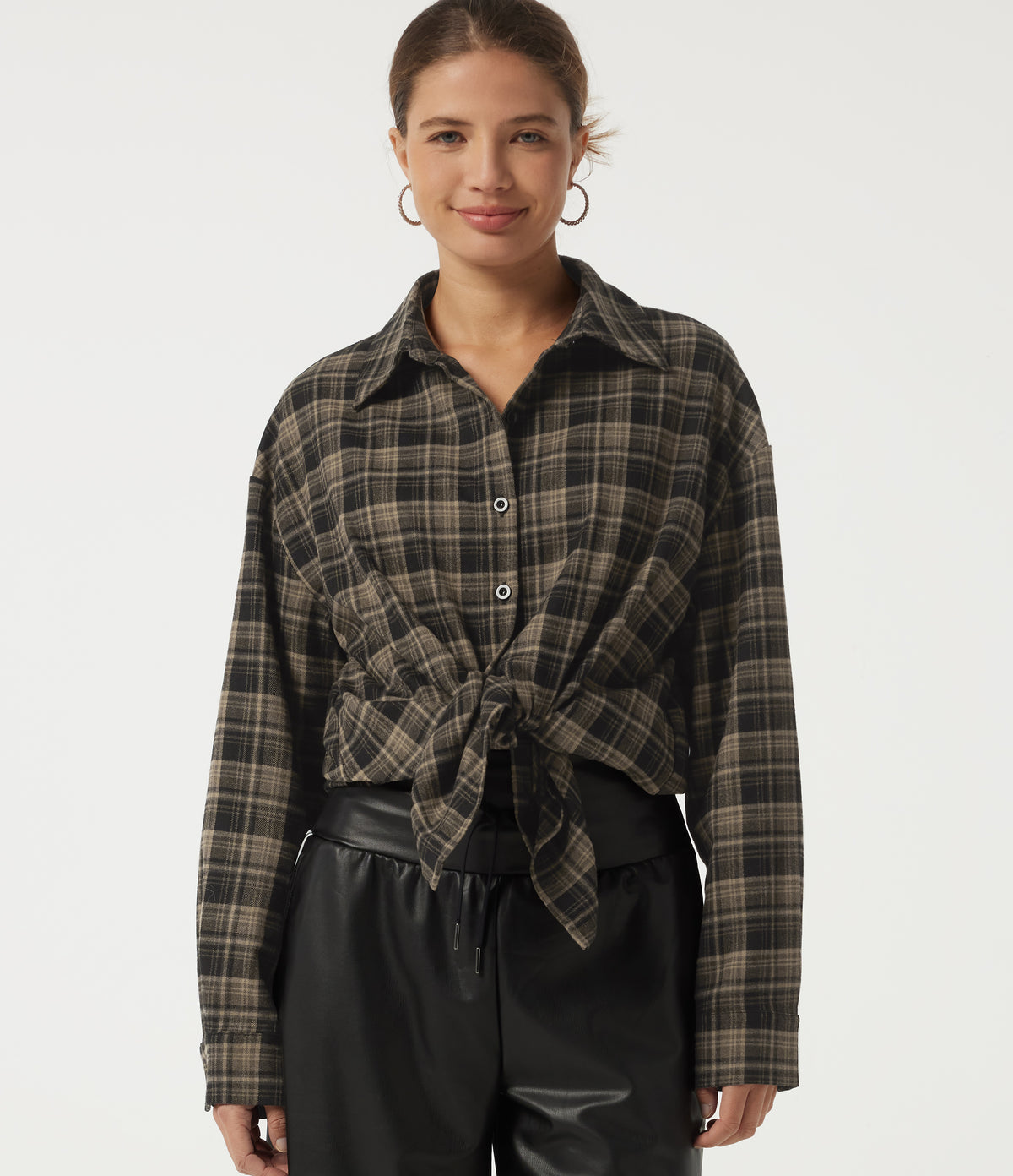 Long Sleeve Plaid Casual Shirt — Pottery Brown Grid — view 5