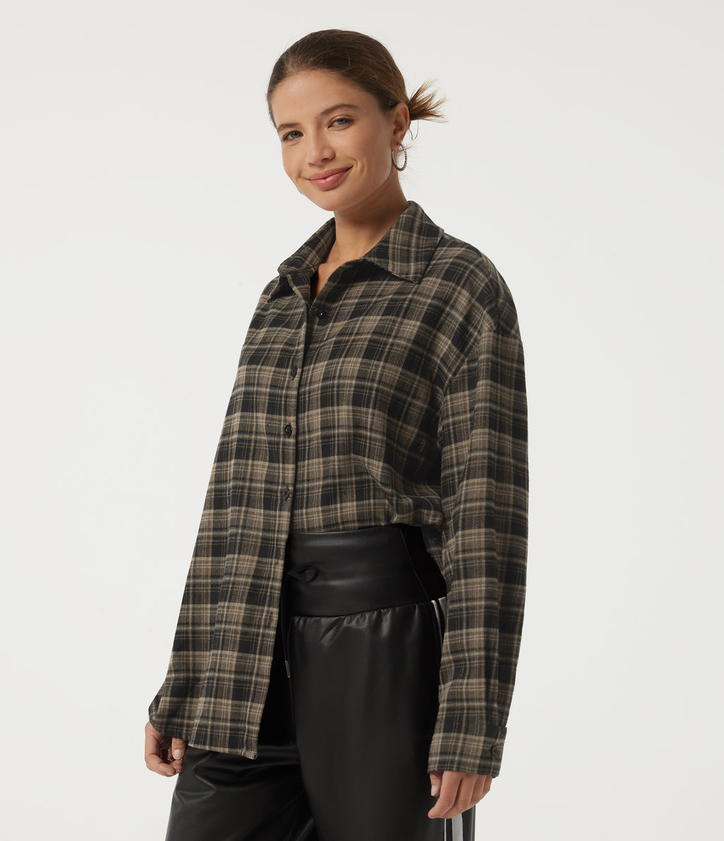 Long Sleeve Plaid Casual Shirt — Pottery Brown Grid — view 3