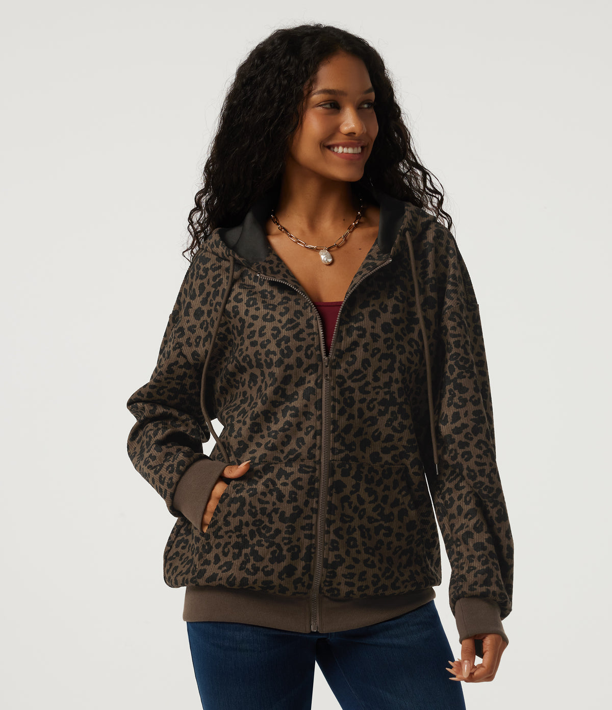Hooded Leopard Print Long Sleeve Corduroy Casual Jacket with Pockets — Brown and Black Leopard — view 1