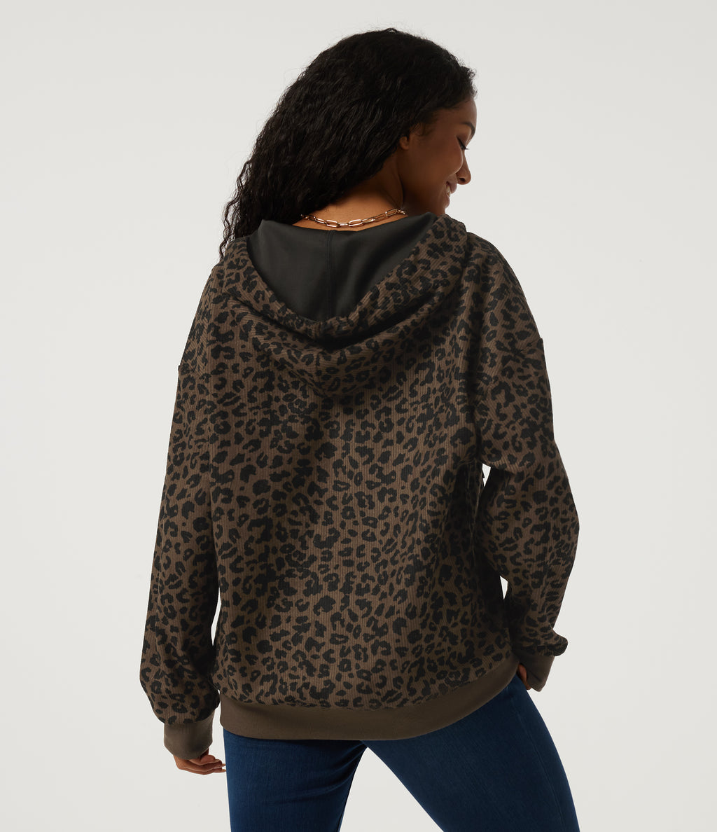 Hooded Leopard Print Long Sleeve Corduroy Casual Jacket with Pockets — Brown and Black Leopard — view 2