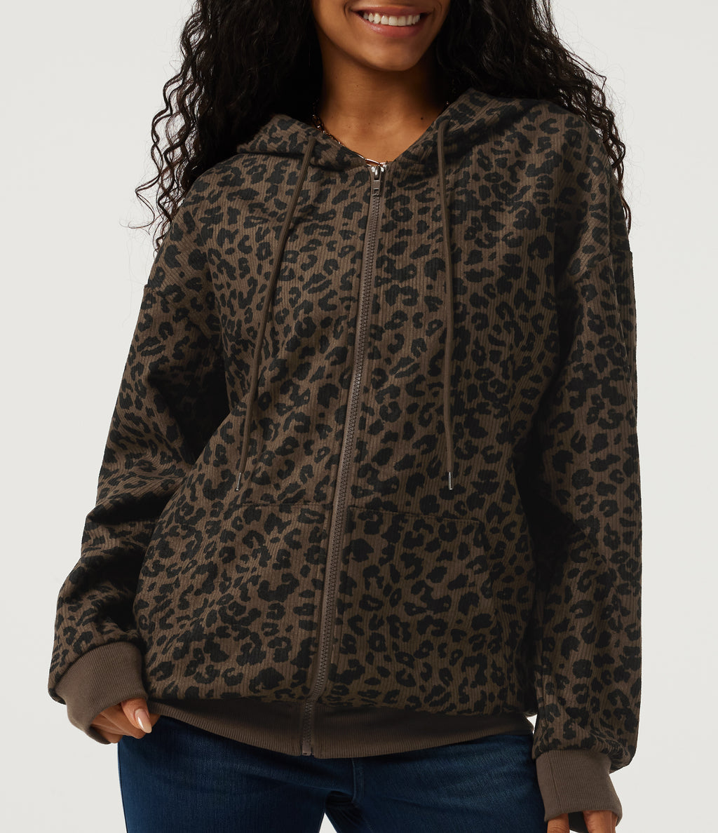 Hooded Leopard Print Long Sleeve Corduroy Casual Jacket with Pockets — Brown and Black Leopard — view 6