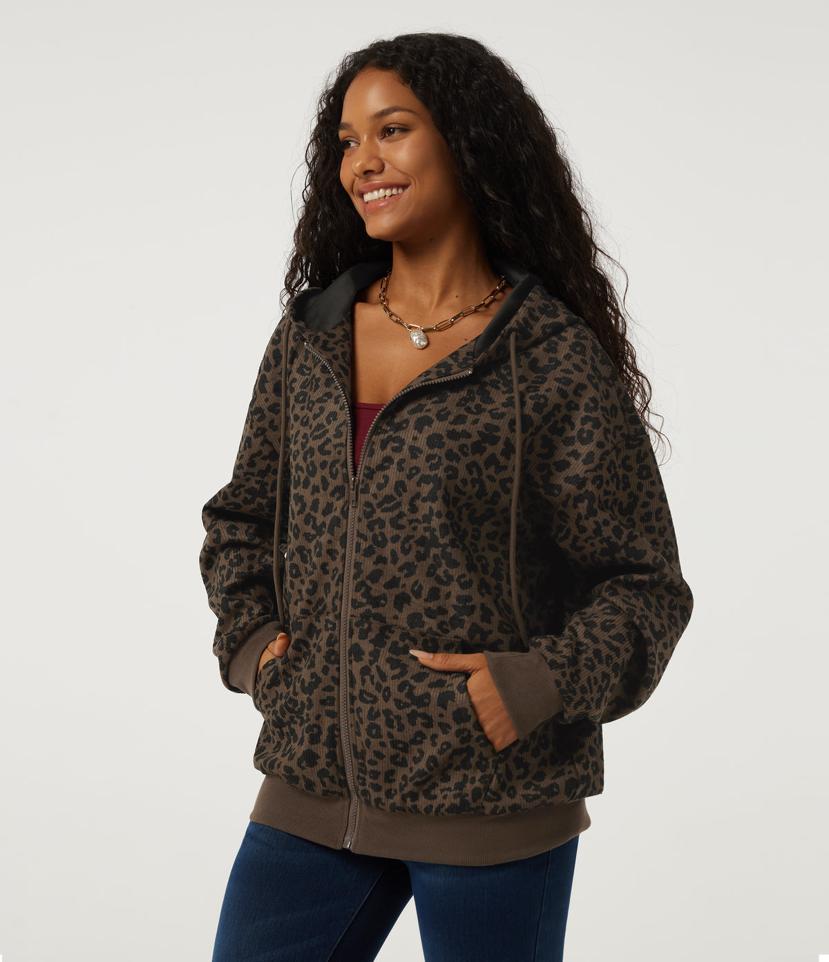 Hooded Leopard Print Long Sleeve Corduroy Casual Jacket with Pockets — Brown and Black Leopard — view 3
