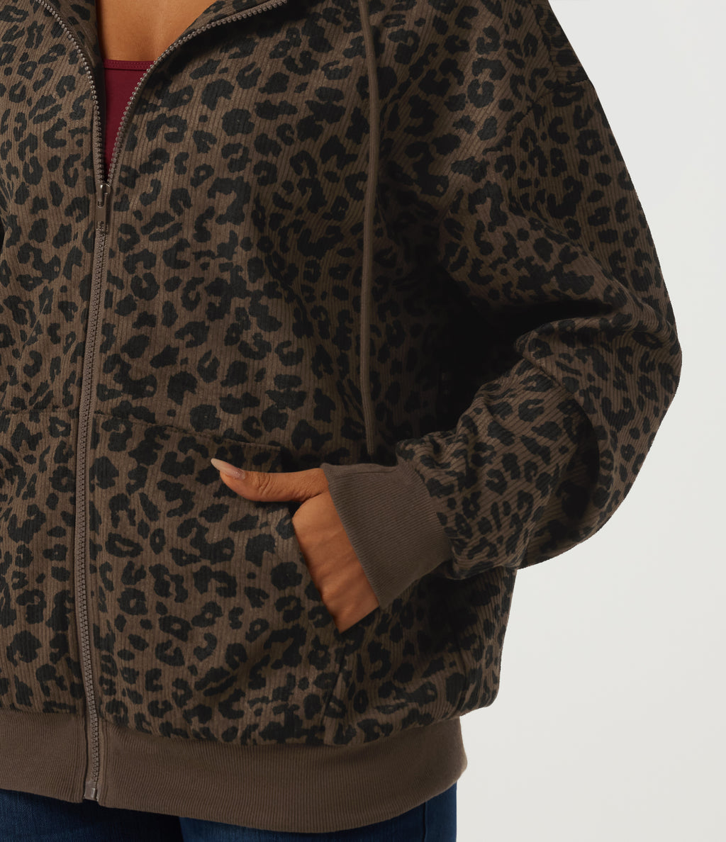 Hooded Leopard Print Long Sleeve Corduroy Casual Jacket with Pockets — Brown and Black Leopard — view 7