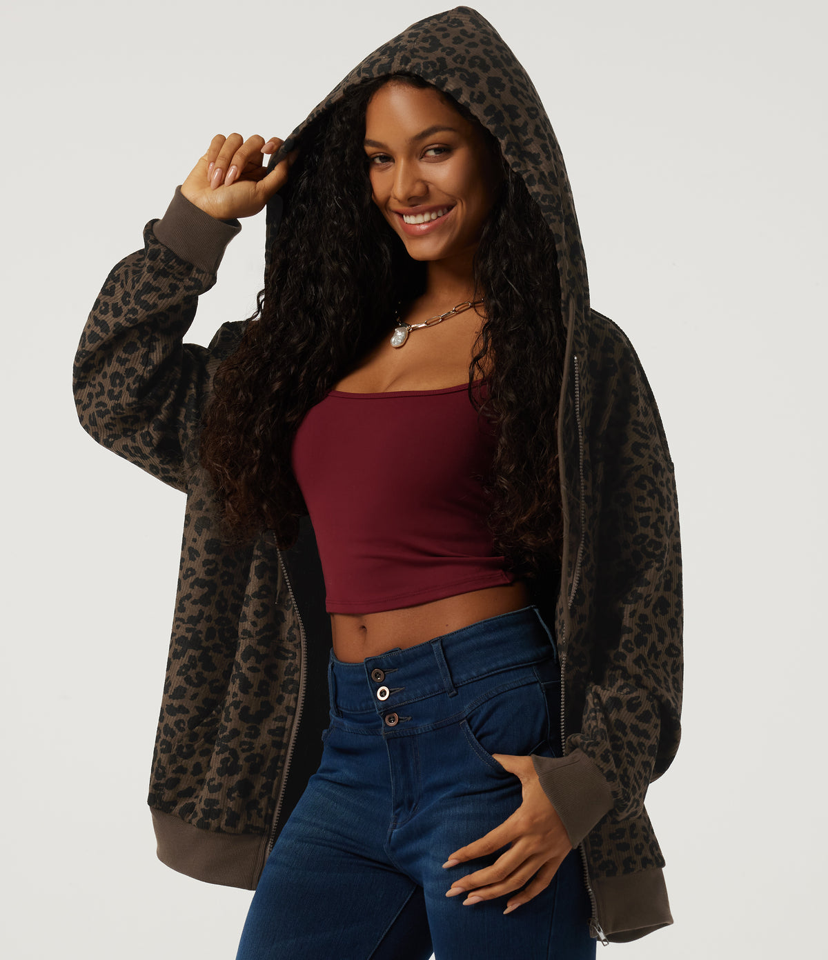 Hooded Leopard Print Long Sleeve Corduroy Casual Jacket with Pockets — Brown and Black Leopard — view 5