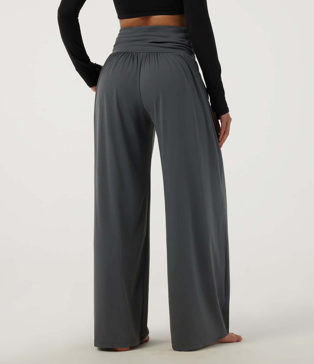 High Waisted Wide Leg Yoga Trousers with Pockets — Steel Gray — view 2