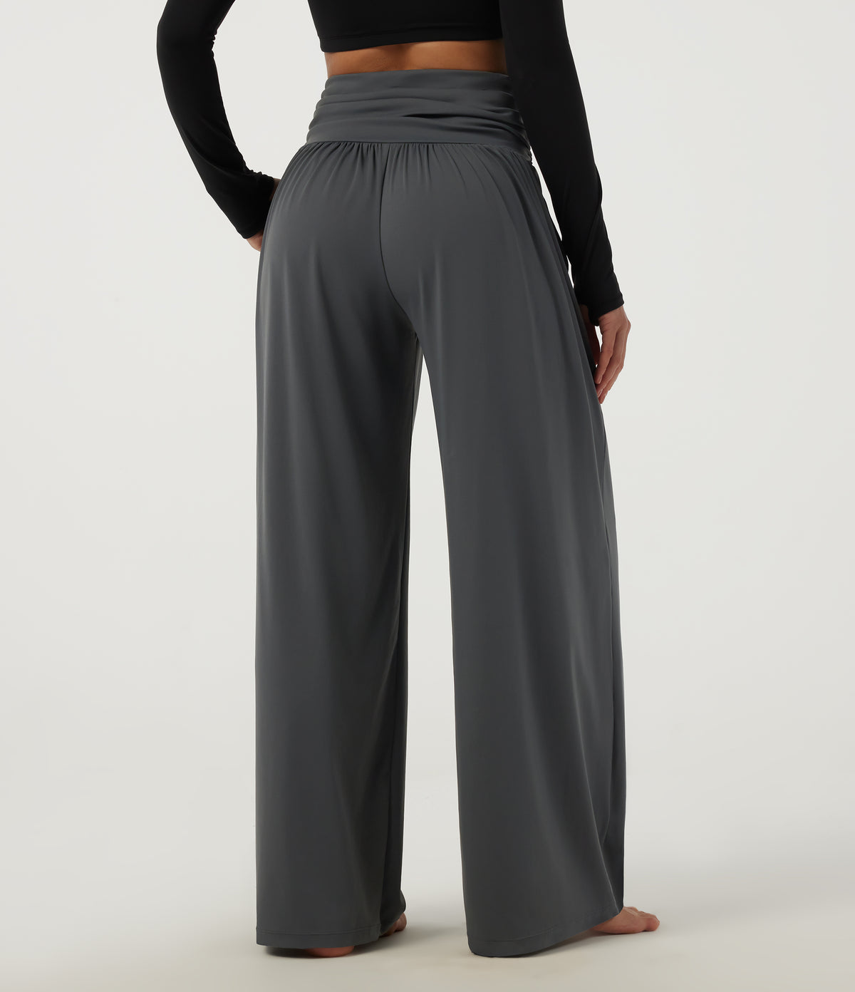 High Waisted Wide Leg Yoga Trousers with Pockets — Steel Gray — view 2