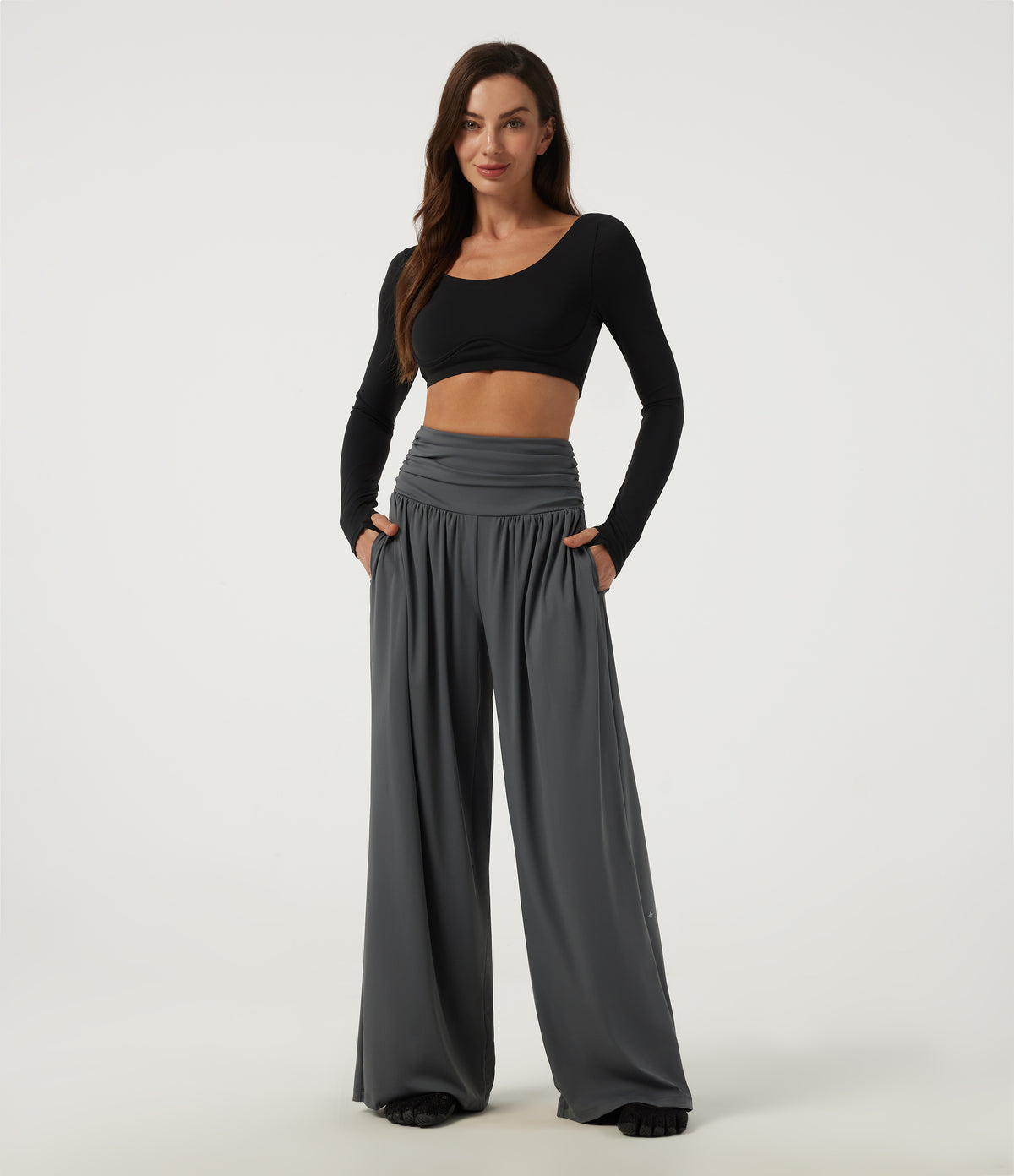 High Waisted Wide Leg Yoga Trousers with Pockets — Steel Gray — view 6